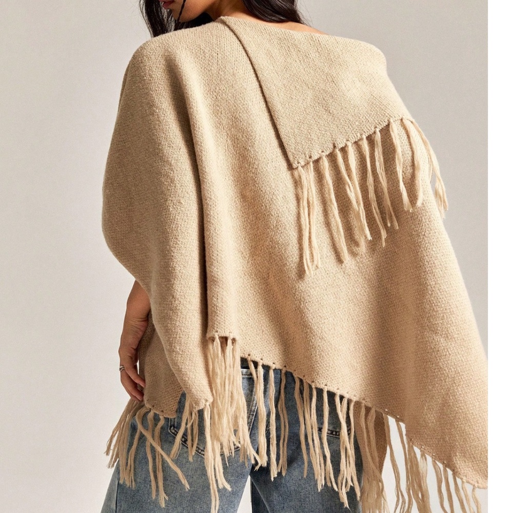 Classic Tan Fringe Detail Oversized Poncho Sweater Top - Picture 4 of 8